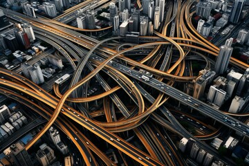Fototapeta na wymiar Aerial view of multiple crossing roads and highways, showcasing a complex road architecture and heavy traffic flow. Generative AI