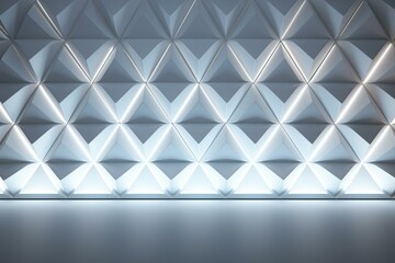 Futuristic, illuminated 3D banner featuring a white geometric surface adorned with triangular pyramids. Generative AI