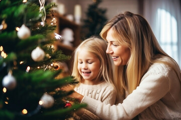 Photo of a mother and daughter decorating a Christmas tree together