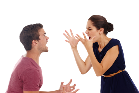 Divorce, stress and couple, fight and shout, angry or argue on isolated, transparent or png background. Marriage, crisis and people with anxiety, scream or frustrated by liar, infertility or doubt
