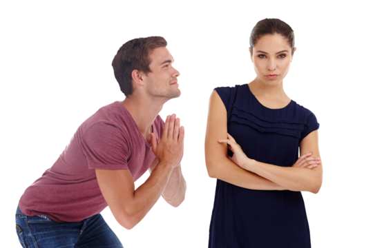 Couple, conflict and man is sorry with angry woman, forgiveness and mistake isolated on png transparent background. Begging, apologize and people fight in relationship, trust fail and marriage crisis