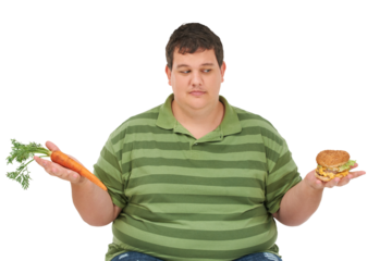 Man, carrot and hamburger for fast food choice or thinking of diet isolated on transparent png background. Cheese burger, vegetables and plus size model for decision, problem or lose weight challenge