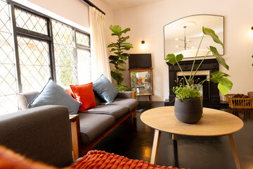Modern, furnished and sunny living room with big windows and potted flowers