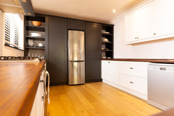 Spacious, modern kitchen with household appliances and wooden floor
