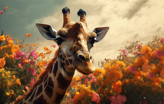 Image of giraffe in beautiful flower fields. Wildlife Animals. Illustration, Generative AI.