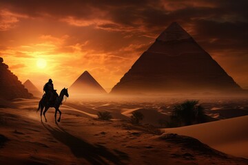 A man riding a camel in the desert with pyramids in the background. A journey to the great pyramid. Fantasy scenery. Generative AI - obrazy, fototapety, plakaty