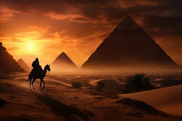 Foto op Canvas A man riding a camel in the desert with pyramids in the background. A journey to the great pyramid. Fantasy scenery. Generative AI © Gasi