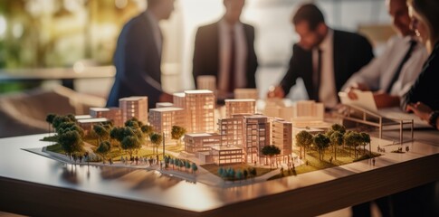 Complex scale model on the table, real estate developers, architects and businessmen team working on new business buildings project in office.  - obrazy, fototapety, plakaty