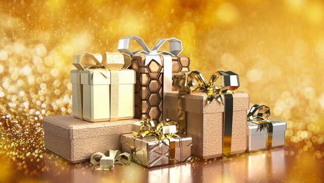 The gift box on gold  background 3d rendering