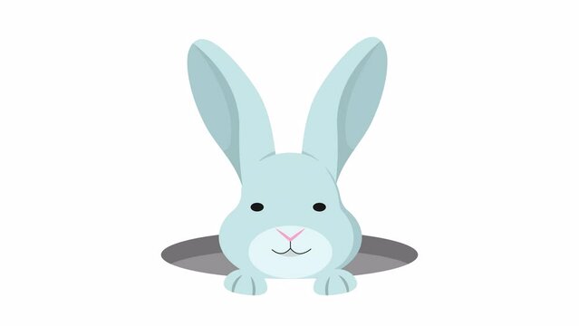 Rabbit peeps out of hole. 2D animation video. Motion graphics with alpha channel.