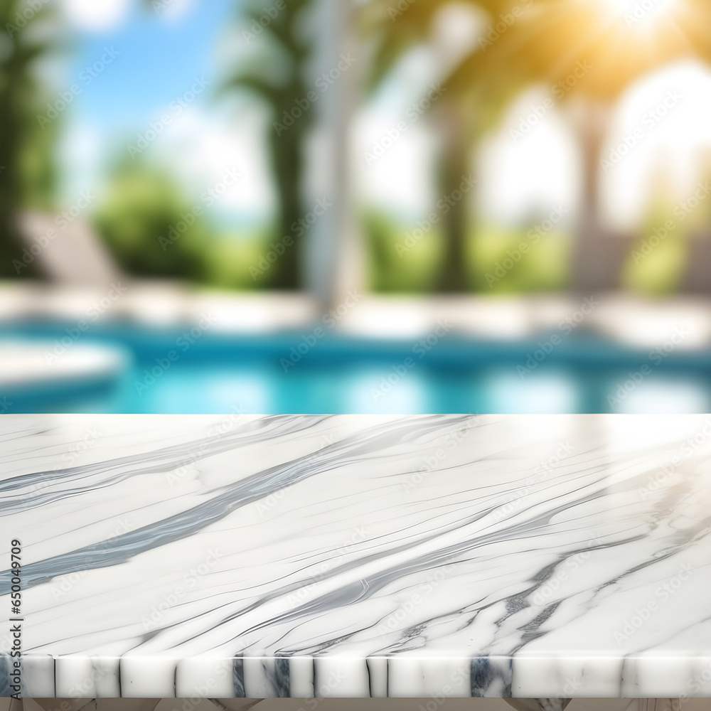 Sticker Empty marble table, blurred summer sea background with copy space for your product