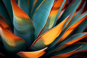 A close-up picture of a vibrant agave ghiesbreghtii leaf with sharp thorns. Generative AI