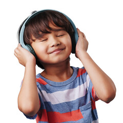 Smile, headphones and cute boy child listening to music, playlist or radio with calm attitude....