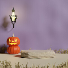 Product display podium with halloween scene and pumpkins head, lantern on violet background. 3D rendering
