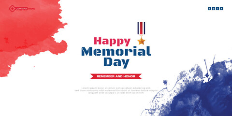 Flat horizontal watercolor banner template for usa memorial day holiday vector file