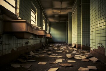 An untidy restroom with wet and dirty floors covered in student footprints, filthy urinals, washbasin, and tiled wall, unhygienic and poorly cleaned. Generative AI