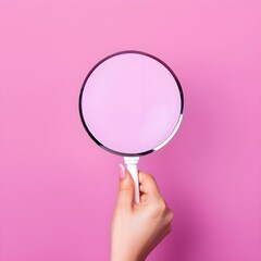 female Hand holding magnifying glass isolated on pink background. generative ai