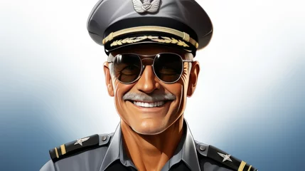 Poster Happy male pilot in uniform and hat smiling at camera. Transportation, aircraft crew concept. © senadesign