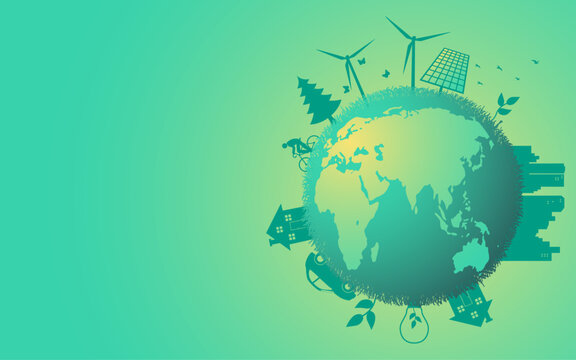 Sustainable living with this eco-friendly illustration depicting a green earth surrounded by symbols of renewable energy and environmentally conscious choices