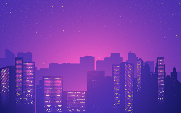 Cityscape and urban landscape vector illustration awash in soothing shades of purple and pink, contemporary take on city living, perfect for a wide range of design applications