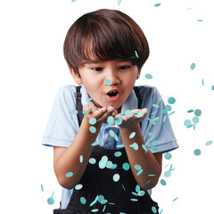 Boy, child and blowing confetti isolated on transparent png background for party celebration or...