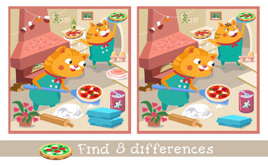 Find 8 hidden differences. Educational game for children. Puzzle in cartoon style. Cute pizzaiolo cats with pizza on shovel. Vector illustration for children. 