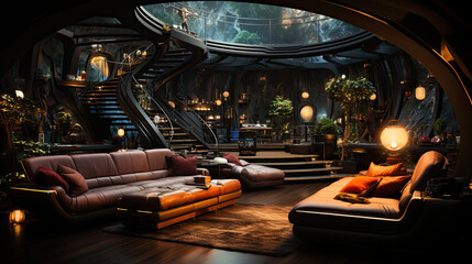 A futuristic home theater with state-of-the-art audio. - obrazy, fototapety, plakaty