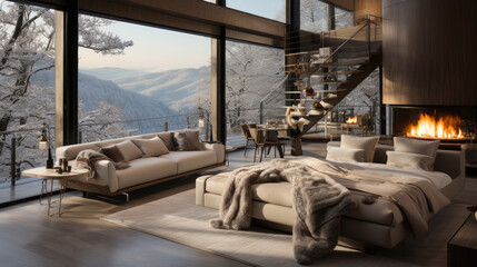 A hotel resort bedroom with a view of a snowy winter scene. The interior design is modern and simple. The balcony has a fire to keep you warm as you enjoy the views of nature - obrazy, fototapety, plakaty