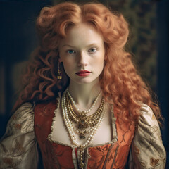 Fototapeta premium Girl with long, red, wavy hair in medieval clothes