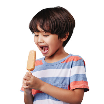 Eating, Boy Child And Popsicle Isolated On Transparent Png Background With Sweet Summer Treats. Excited Face Of Kid With Chocolate Icecream Reward, Frozen Dessert Stick Or Ice Candy For Holiday Fun.