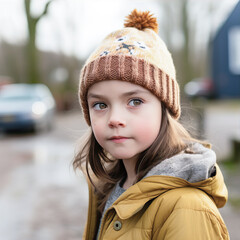 A girl in a warm hat and jacket stands on the street