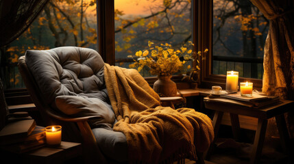 Autumn cozy mood. Fall cozy reading nook with a blanket, bookshelf filled with autumn-themed books, and a cup of tea or hot chocolate.