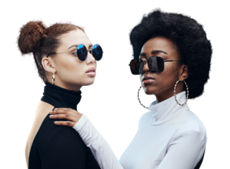 Fashion, girl friends with sunglasses and isolated on transparent png background for beauty, luxury and diversity. Portrait, designer brand glasses and hipster women with serious face, frame or style