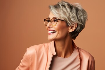 Portrait of happy senior woman in eyeglasses on brown background.
