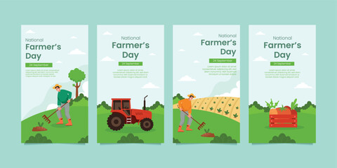 Banner for National Farmers Day - 23 December, Illustration of a farmer in a fruit field, as a template or poster, national farmers day on a blue background.