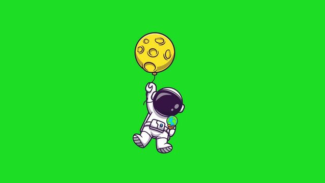 Cute astronaut with hanging on the moon floating surreal kids green background cartoon art