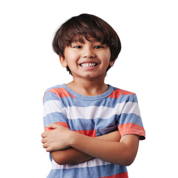 Portrait, fashion and arms crossed with an indian child isolated on a transparent background for kids fashion. Smile, trendy or cute with a happy and confident young boy on PNG for youth style