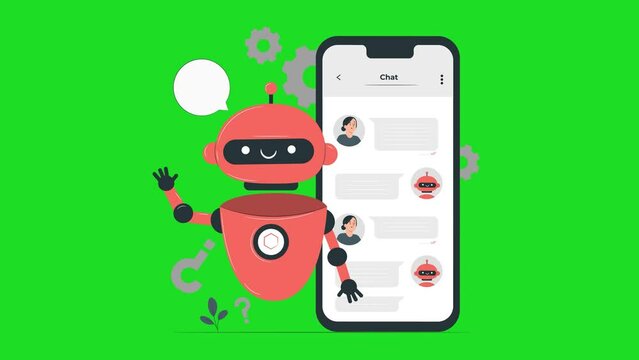 Messaging chatbot with smart phone communication future AI green background 4k