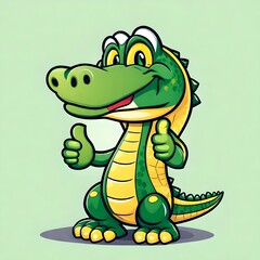 A cute happy cartoon illustration of a green and yellow alligator crocodile mascot doing a thumbs-up hand gesture.