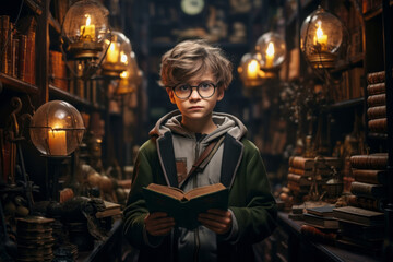 boy sitting with book in library by the bookshelves with many old books. Fairy tales. Vintage style - obrazy, fototapety, plakaty