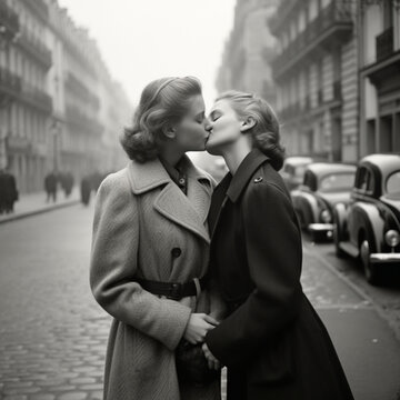 1945 two french women kissing at a paris cafe, 1940s photography