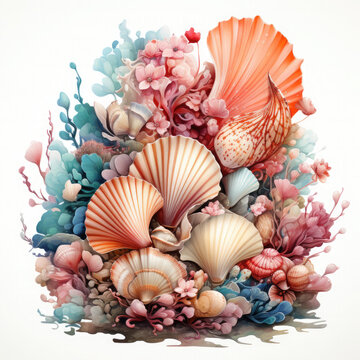 recommend clip art: Watercolor Mermaid Tail, Seashells, Crown, Bubbles, Coral and Pearl Illustration, Generative Ai