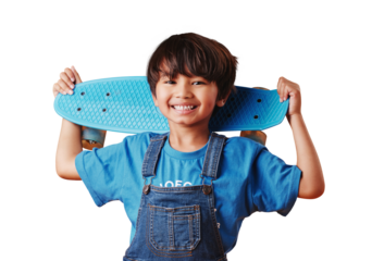 Skateboard, smile and portrait of boy child with casual, cool and trendy outfit for fun. Happy, excited and cute Asian kid model or skater with adorable style isolated by transparent png background.