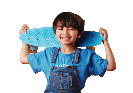 Skateboard, smile and portrait of boy child with casual, cool and trendy outfit for fun. Happy, excited and cute Asian kid model or skater with adorable style isolated by transparent png background.