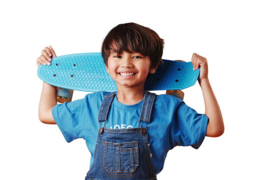 Skateboard, smile and portrait of boy child with casual, cool and trendy outfit for fun. Happy, excited and cute Asian kid model or skater with adorable style isolated by transparent png background.