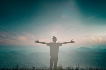 Happy man rise hand on morning view. Christian inspire praise God on good friday background. Now...