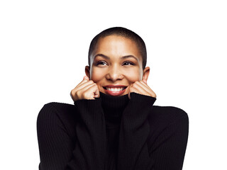 Smile, fashion and winter with a happy black woman isolated in a transparent background for style....