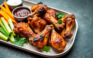 a plate of chicken wings with ketchup and parsley Generative AI