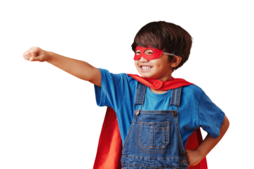 Superhero mask, fly and child smile for pretend character, having fun and imagine fantasy, comic hero or crime safety. Cape costume, fearless courage or kid flight pose on transparent, png background