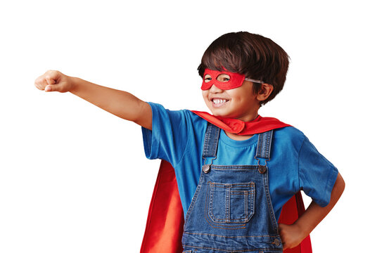 Superhero mask, fly and child smile for pretend character, having fun and imagine fantasy, comic hero or crime safety. Cape costume, fearless courage or kid flight pose on transparent, png background